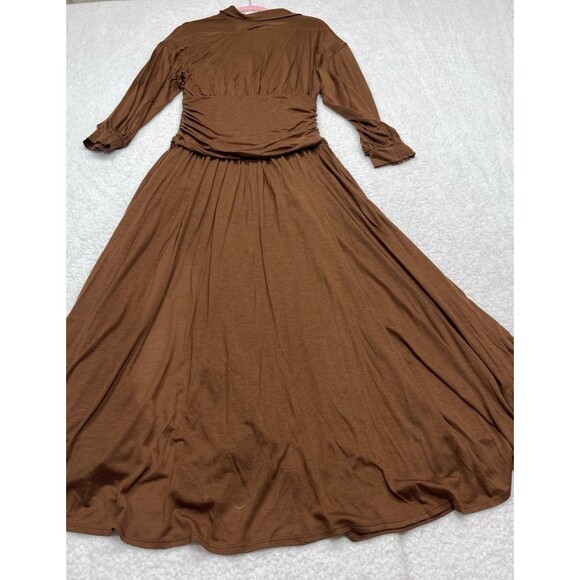 Anthropologie Maeve Midi Dress Brown Long Sleeve V Neck Ruched Retro Medium NWT - Picture 8 of 12